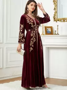 Fashionable Embroidered Beaded Velvet Dress, Arabic Women's Evening Gown - Burgundy - View 1