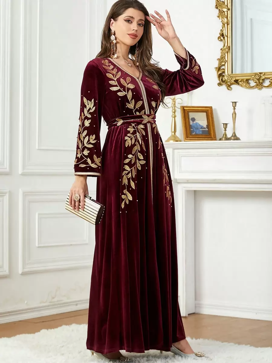 Fashionable Embroidered Beaded Velvet Dress, Arabic Women's Evening Gown - Burgundy - View 1