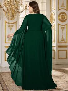 SUPGIR 加大方领长袖金色亮片连衣裙、优雅连衣裙、派对礼服、婚礼宾客礼服、正式礼服、晚礼服、长袍 - 墨綠色 - 查看 2