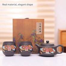 Purple Clay Teapot Golden Dragon Totem High Temperature Color Change Dragon Phoenix Chengxiang Purple Clay Tea Teapot Kung Fu Tea Festival Tea Set (Teapot +2* Teacups)