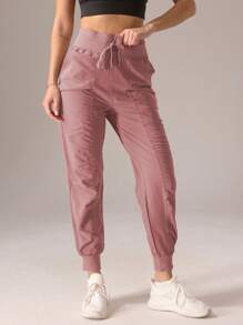 1pc Women Pleated Solid Color Casual Sport Style Pants - Dusty Pink - View 8