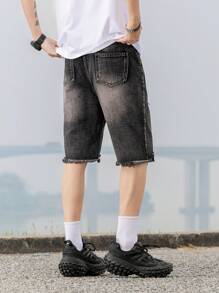 Fashionable Straight Leg Mid-Length Denim Shorts For Teen Boys - Black - View 6