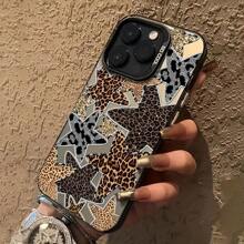 1 pieza Funda de teléfono con patrón de estrella pentagonal de brillo IMD y estampado de leopardo, compatible con iPhone 16 Pro Max, 15/14 Plus, 13, 12, 11, resistente al agua, a los golpes y a los arañazos