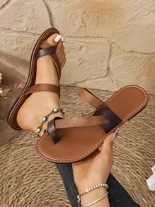 女士平底凉鞋，欧美时尚休闲圆头系带露背沙滩拖鞋