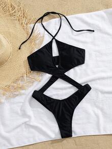 Traje de baño de una pieza con corte cruzado y escote halter, estilo europeo y americano moderno para mujeres