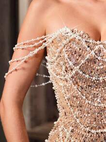 LUVISTRUE Ethereal Pearl Decor Formal Dress, Women Sequin Evening Gown For Graduation, Birthday Party, Gala, Cocktail Party, Concert, Awards Ceremony, Solid Color One-Shoulder Floor-Length Dress - Champagne - View 8