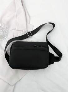 男士纯色尼龙迷你斜挎包，休闲时尚运动旅行斜挎包 - 黑色 - 查看 3