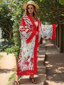 Boho Kimono Women's Plus Long Sleeve Open Front Loose Beach Kimono Cover Up