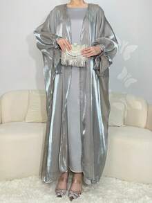 1 件欧根纱朴素伊斯兰传统卡夫坦长袍女式长袍外套带蝴蝶结设计