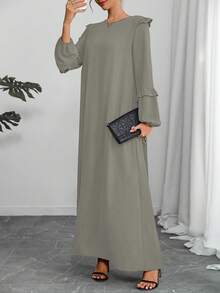 Casual Patchwork Lantern Sleeve Ruffle Hem Arabian Dress, Modest - Green - View 3