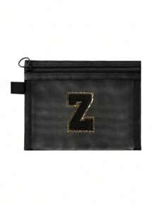 Black Mesh Bag, Large Capacity With Name Initials, Towel Embroidered Letters A-Z, Transparent Mesh Cosmetic Storage Bag, Multi-Functional Travel Portable Bag, Lipstick Skincare Product Storage Washing And Makeup Bag, Student Stationery Bag, Mesh Zipper Bag, Travel Cosmetic Packaging Storage Bag, Simple And High-End, Accessory Storage, Suitable For Dormitory Storage, Travel, Business Trip, Swimming, Home Storage Make Up Bag - Black - View 12