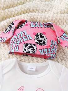 Baby Girls Easter Outfits Bunny Ear Letter Print Short Sleeve Rompers Easter Eggs Print Long Pants Hat 3Pcs Clothes Set Cool Girl - Hồng - Xem 7