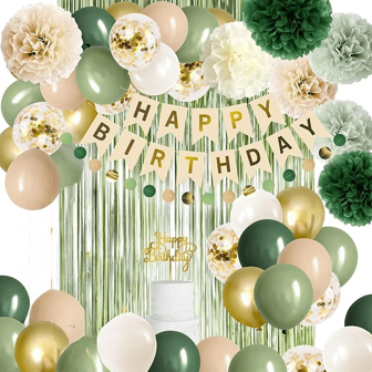 鼠尾草绿色生日装饰橄榄绿色生日快乐派对装饰裸色复古绿色金色气球横幅纸绒球绿植中性质朴装饰用品，21 岁生日装饰