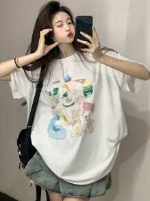 卡通印花宽松休闲圆领短袖T恤 - 白色 - 查看 5