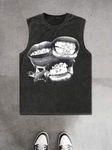 Lonblece Men's Casual Loose Hem Distressed Print Tank Top With Snowflake Element, For Summer - Black - View 2