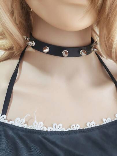 1pc PU Leather Gothic Punk Alloy Spiked Choker, Adjustable Cosplay Neck Decor, Exaggerated Metallic Spike Necklace. Vintage Distressed Neck Chain Accessory For Streetwear