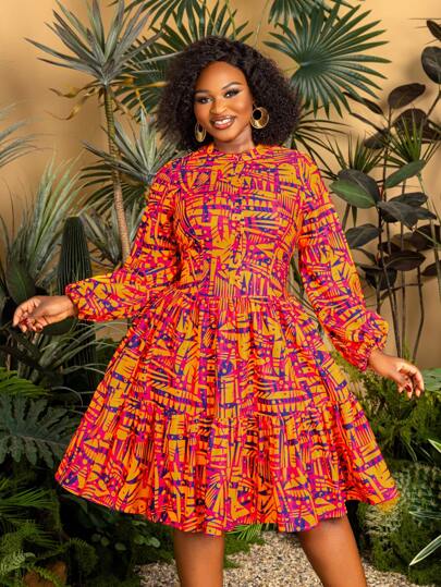 Faeriesty Plus Chic Midi Dress With Petite Round Neckline, Long Bell Sleeves, And Vibrant Geometric Print – Perfect For Tropical Beach Parties, Summer Resort Wear, And Vacation (Lightweight & Seasonless Design) Summer Dresses Spring Clothes