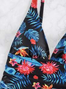 Summer 2pcs Tankini Swimsuit, New European & American Style, Printed, Sexy Beach Vacation Casual High Waisted Triangle Briefs Swimwear