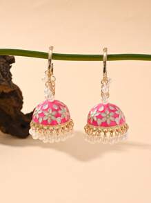 1 par de pendientes elegantes con aro y colgante de perla artificial, con decoración de flor con efecto de goteo de aceite, adecuado para uso diario, festivales, bodas y fiestas de mujeres
