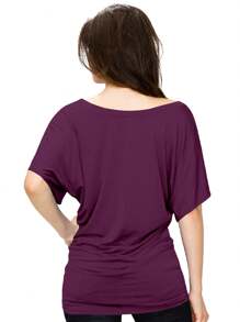 HIGHFINE Women's Boat Neck Short-Sleeved Bat Sleeve On The Band Side Draping - 暗紫色 - 查看 4