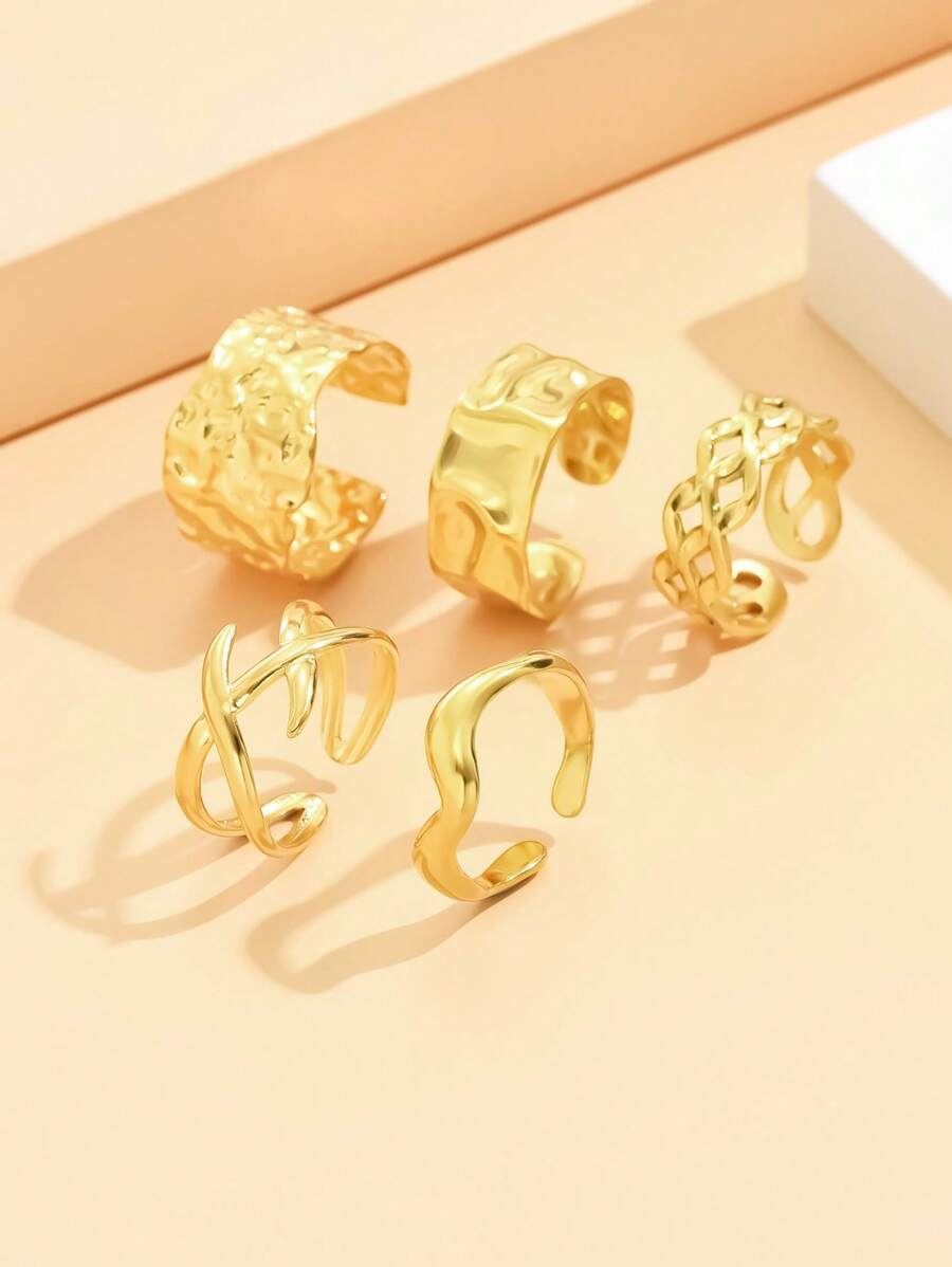 5 件/套不对称锤纹开口不锈钢戒指，优雅度假风格多元素女士珠宝配饰，不会褪色 - 銀色 - 查看 1