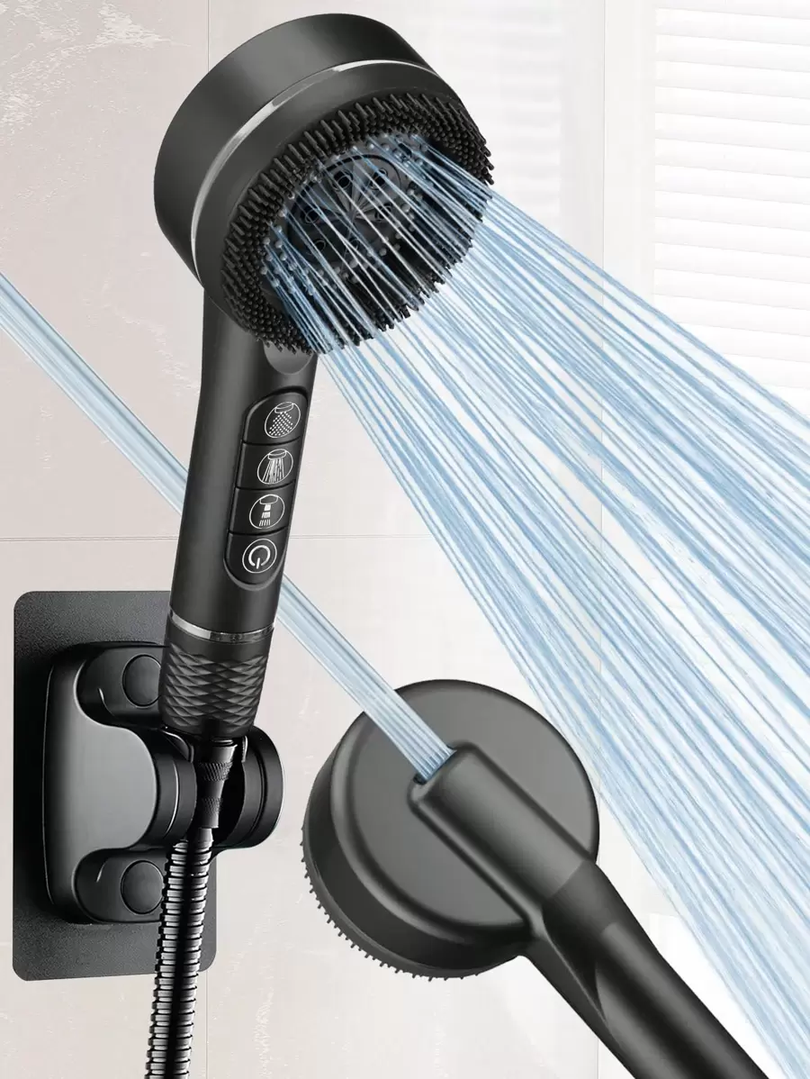 3 pièces Set : Pomme de douche filtrée 4 réglages de haute qualité en ABS avec tuyau en acier inoxydable de 1,5 m, support mural sans perçage en ABS, accessoires de salle de bain, outils de salle de bain
