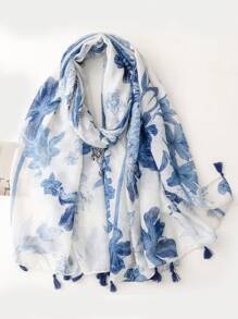 1条女士简约印花围巾，新款女士真丝披肩，春夏防晒沙滩巾，时尚头巾/肩巾，可搭配连衣裙 - 灰色 - 查看 1