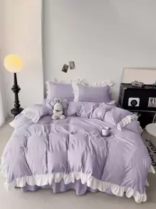 3pcs Purple Ruffled Bedding Set (1 Duvet Cover + 2 Pillowcases), Soft & Comfortable For Bedroom, Guest Room