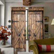 2 Pieces Of Simulated Wooden Door Handle Wheel Print Curtain 3D Digital Print Shade Curtain Retro Pasture Wood Pattern Suitable For Living Room Bedroom Study Dining Room HD Printing Soft Light Adjustment Four Seasons Universal Easy To Clean Anti-Fading Heat Insulation To Create A Romantic Atmosphere To Enhance Home Taste For Wardrobe Dust - Sprout Green - View 7