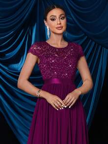 MIUSOL 优雅亮片花卉蕾丝撞色荷叶边雪纺晚宴派对长裙 - 紫紅色 - 查看 8