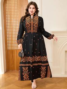 DEARCASE Plus Size V-Neck Long Sleeve Printed Minimalist Midi Dress - Multicolor - View 5