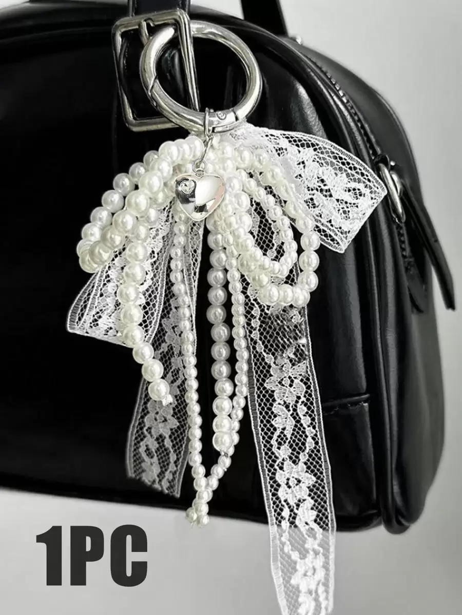 Y2K 可爱极简串珠蝴蝶结，银色钻石心形包包挂饰，闪亮彩灯，甜美少女包包吊坠，时尚珍珠蝴蝶结，DIY 纯色蕾丝铆钉珍珠蝴蝶结手机壳挂饰，蝴蝶结丝带，多功能 DIY 钥匙扣/包包挂饰套装，适合情侣、女士、女孩和闺蜜日常佩戴。节日礼物的理想之选。 - 白色 - 查看 1