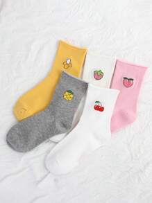 5 Pairs Women Casual Crew Socks With Cute Fruit Print & Letter Design, Comfortable & Versatile, Suitable For Daily Wear, Commute And All Seasons