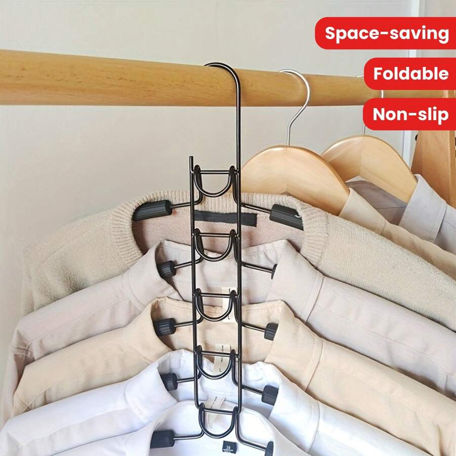 1 Pc Space-Saving 5-Layer Magic Hanger - Non-Slip, Foldable Metal Clothes Organizer For Dorms & Wardrobes - Black - View 1