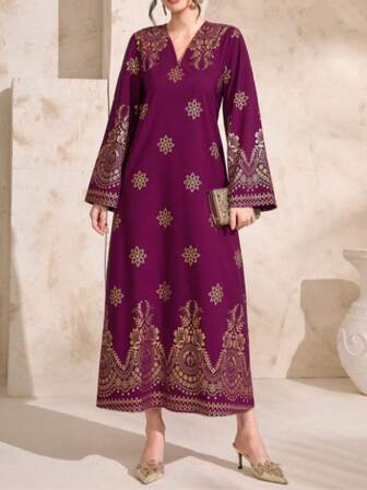 Women's Elegant Print Flare Sleeve Dress