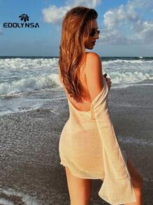 Sexy See Through U Neck Backless Knit Dress 2025 Summer Cut Out Beach Mini Dress Beachwear Swimsuit Cover Up