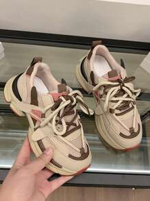 Running Shoes New Platform Thick Sole Wedge Shoes, Women Casual Breathable Mesh Sneakers Fashion Leather Patchwork College Student Shoes, Women Millic Style Street Snap Outdoor Shoes,Women's Height Increasing Thick Sole Small Versatile Casual Women's Fashion Brand Sports Shoes Casual Shoes Women's Shoes - Apricot - View 1