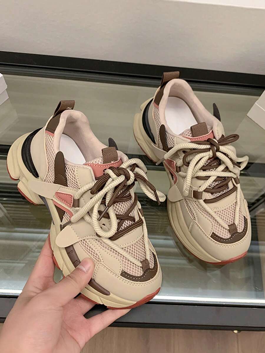 Running Shoes New Platform Thick Sole Wedge Shoes, Women Casual Breathable Mesh Sneakers Fashion Leather Patchwork College Student Shoes, Women Millic Style Street Snap Outdoor Shoes,Women's Height Increasing Thick Sole Small Versatile Casual Women's Fashion Brand Sports Shoes Casual Shoes Women's Shoes - Apricot - View 1