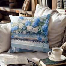 1pc Flower Piano Decorative Pillow Cover, Soft Peach Velvet Material, Single-Sided Printing 45*45CM, Suitable For Living Room, Bedroom, Sofa, Home, Gift