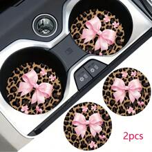 2 pezzi Sottobicchieri per portabicchieri auto con stampa leopardata e fiocco, universali, antiscivolo e antiurto, accessori per interni auto, idea regalo per feste