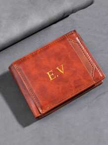 Personalized Customized Name Amber Pattern Initials Faux Leather Men's Vintage Style Wallet Business Casual Short Bifold With Card Slots For Travel Hiking And Everyday Use