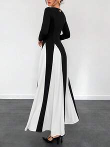 Women's Elegant Sexy Off-Shoulder Black And White Color Block Long Sleeve Dress - Black and White - View 2