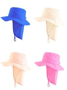 1pc Kids' Casual Solid Color Quick-Dry Adjustable Wide-Brim Outdoor Sun Ion Neck Cover Bucket Hat, Spring/Summer