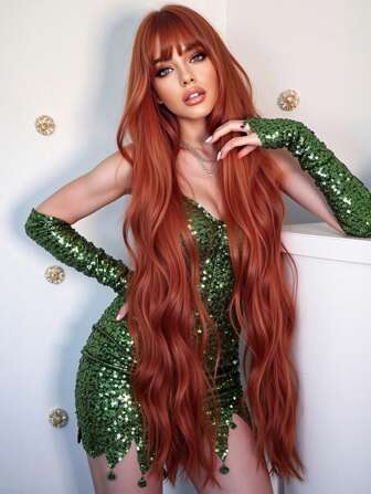 45 tum långa lösa vågor syntetiska peruker med lugg för kvinnor värmebeständiga naturliga mittendelar cosplay fest lolita musikfestival bröllopshår peruker