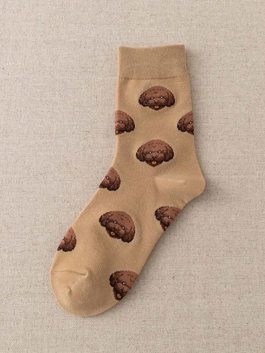 Cartoon Dog Shiba Inu Pattern Socks, Comfy & Breathable Women Mid Tube Socks - Coffee Brown - View 1