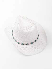 1pc Boho Casual Cowboy Straw Hat, Sunscreen Hat Suitable For Vacation And Commute, Fashion And Versatile For Men And Women All Seasons - Teardrop Straw Hat - View 5