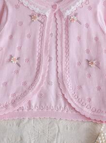 Baby Girls Casual Knit Cardigan, Short Flower Decor Hollow Out Thin Jacket - Pink - View 2