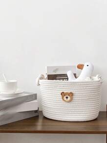 1pc White Minimalist Woven Cartoon Storage Basket, Suitable For Kids Room Toy Storage, Desk Organizer, Can Hold Diapers, Snacks, Cosmetics, Decorative Living Room Storage Basket