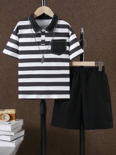 2 Stücke/Set Schwarz-Weiß gestreiftes Poloshirt und Lässig Shorts, Sommer