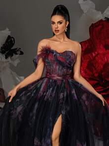 优雅露肩黑色花卉印花长款薄纱高开衩晚礼服，女士正装和晚礼服，女士舞会礼服，正式晚礼服，派对礼服，婚礼宾客礼服